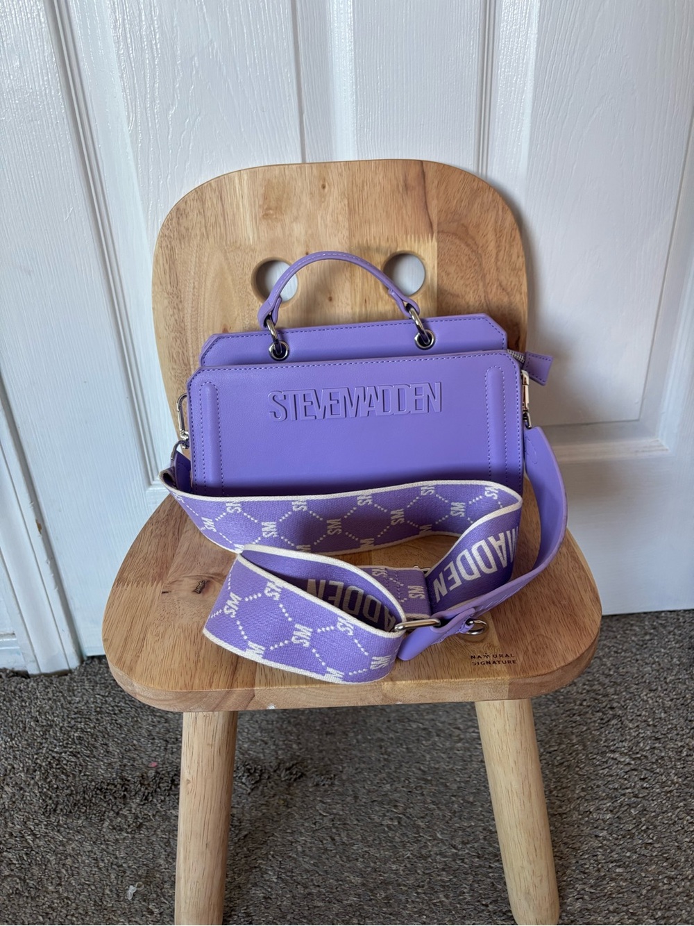 Steve Madden Lavender Faux-Leather Top Handle Satchel with Printed Strap